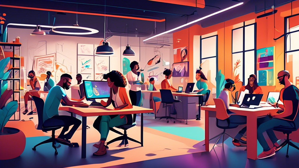 Create an image depicting a diverse group of creative professionals in a modern, collaborative workspace. Some individuals are working on digital media projects, such as animated characters and virtua